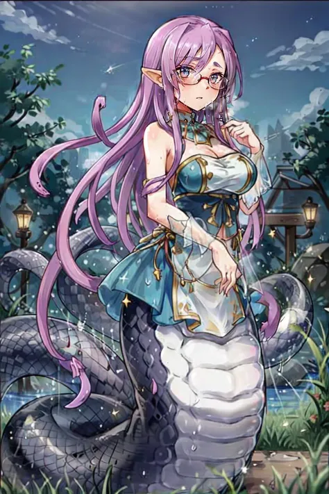 ((best quality)), ((highly detailed)), masterpiece, extremely detailed face, beautiful face, (detailed eyes, deep eyes), (1girl), glasses, Forced Perspective, full body, <lora:aiomonstergirls_loraLocon:.6>, <lora:animeLamia_v10:1>, (lamia), scales, tail, merged at waist, standing, (Seashell pink scales), <lora:gorgon:.7>, (gorgon), (snake hair:1.2), (in a hot spring, steam, rocks, <lora:WetHair:.7>, wet hair, dusk, shooting star)