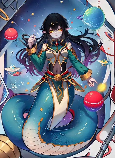 ((best quality)), ((highly detailed)), masterpiece, absurdres, (detailed eyes, deep eyes), (1girl), (glasses), fisheye lense, in a box, in a container, top view, full body, <lora:aiomonstergirls_aiov4LoraLycoris:.7>, <lora:animeLamia_v10:1>, (lamia), scales, tail, merged at waist, (black hair, black scales), green yellow eyes, <lora:slit-pupils:1>, snake eyes, pointy ears, (inside, on a space station, space, stars), <lora:Sheya_style:1>