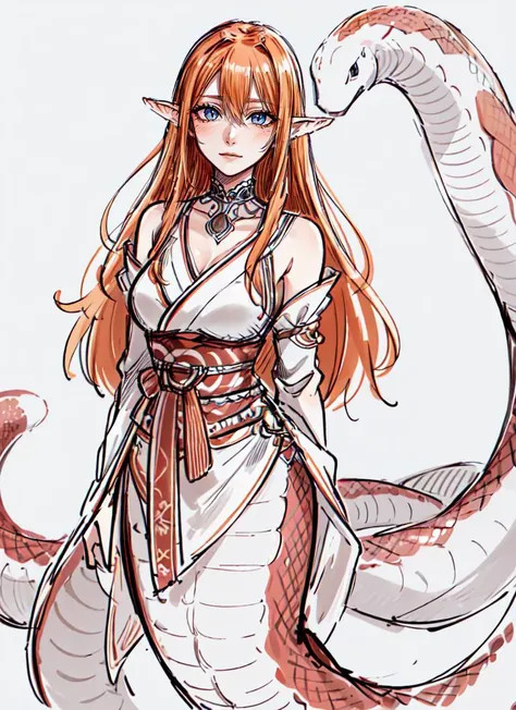 ((best quality)), ((highly detailed)), masterpiece, absurdres, extremely detailed face, beautiful face, (detailed eyes, deep eyes), <lora:more_details:.5>, (1girl), Forced Perspective, yokozuwari, <lora:aiomonstergirls_loraLocon:.3>, <lora:animeLamia_v10:1>, (lamia), scales, tail, merged at waist, standing, (orange hair), <lora:slit-pupils:1>, snake eyes, (outside, in a resort, dawn), <lora:水彩ç¬v1.2:1>, lineart, sketch