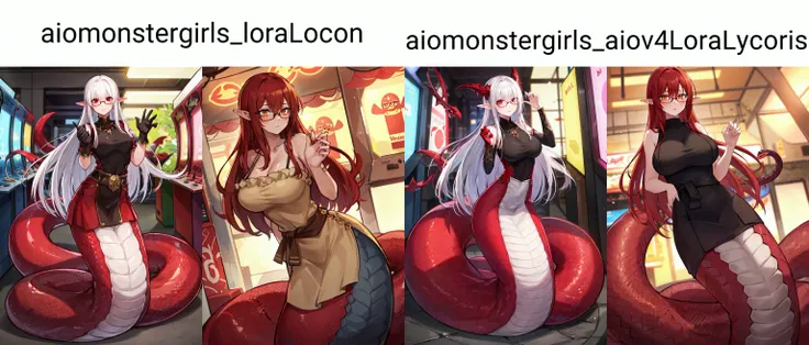 ((best quality)), ((highly detailed)), absurdres, (detailed eyes, deep eyes), (1girl), (glasses), <lora:slim_tall-plump_short:-.5>, dynamic pose, full body, <lora:hairdetailer:.5>, <lora:aiomonstergirls_loraLocon:.6>, <lora:animeLamia_v10:1>, (lamia), scales, tail, merged at waist, standing, (crimson hair, crimson scales), albino, white hair, red eyes, <lora:slit-pupils:1>, snake eyes, pointy ears, (inside, in an arcade)