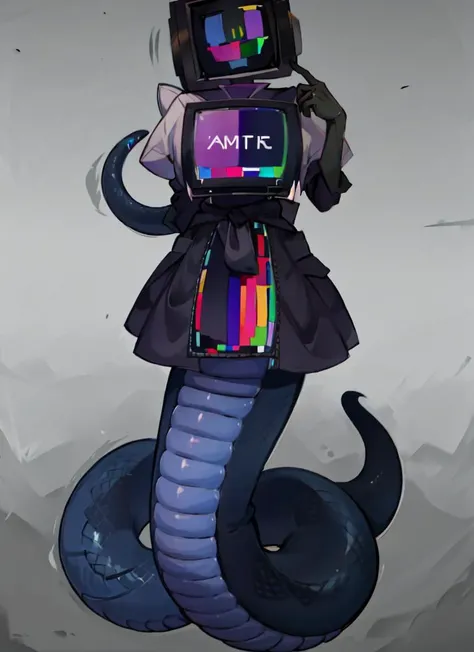 ((best quality)), ((highly detailed)), masterpiece, absurdres, (detailed eyes, deep eyes), (1girl), full body, <lora:monitor-head:.9>, monitor head, ((SMPTE color bars:1.4)), <lora:aiomonstergirls_loraLocon:.5>, <lora:animeLamia_v10:1>, (lamia), scales, tail, merged at waist, standing, (blue scales), <lora:slit-pupils:1>, snake eyes