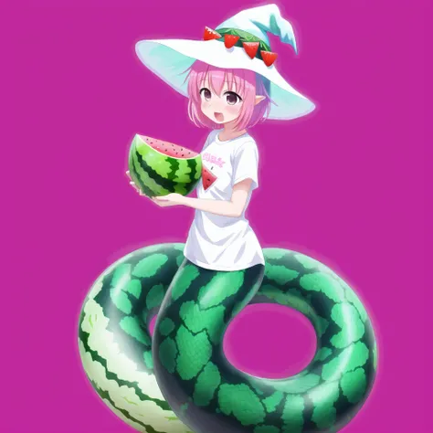<lora:lamia-2_lamia-3__lamia-lamia-1--retro_ham_avas_jun_rifl--08-02:1>,
(lamia:1.0), scales,
full body,
1girl, aqua background, artist name, bangs, black eyes, blush, food, food themed clothes, fruit, hat, highres, holding, holding food, holding fruit, open mouth, pink hair, portrait, shirt, short hair, simple background, solo, sparkle, transparent, watermelon, white shirt, witch hat