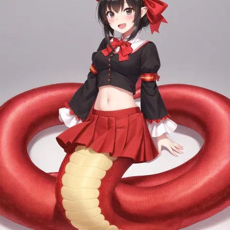 <lora:lamia-2_lamia-3__lamia-lamia-1--retro_ham_avas_jun_rifl--08-02:1>,
(lamia:1.2), scales,
full body,
1girl, :d, ascot, bangs, black eyes, black hair, blush, bow, cowboy shot, detached sleeves, eyebrows visible through hair, frills, gohei, hair bow, hair tubes, highres, holding, looking at viewer, miz \(mizillustration\), navel, open mouth, red bow, red skirt, ribbon-trimmed sleeves, ribbon trim, sidelocks, skirt, skirt set, smile, solo, wide sleeves