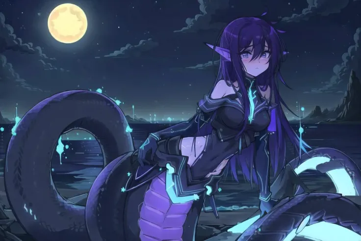 ((best quality)), ((highly detailed)), masterpiece, (detailed eyes, deep eyes), (1girl), sitting, bent forward, cowboy shot, <lora:retrowave_0.12:1>, retrowave, sun, night sky, ocean, (blue neon lights), <lora:Blacklight_v1:1.8>, blacklight, <lora:aiomonstergirls_loraLocon:.8>, <lora:animeLamia_v10:1>, (lamia), scales, tail, merged at waist, standing, (violet hair)