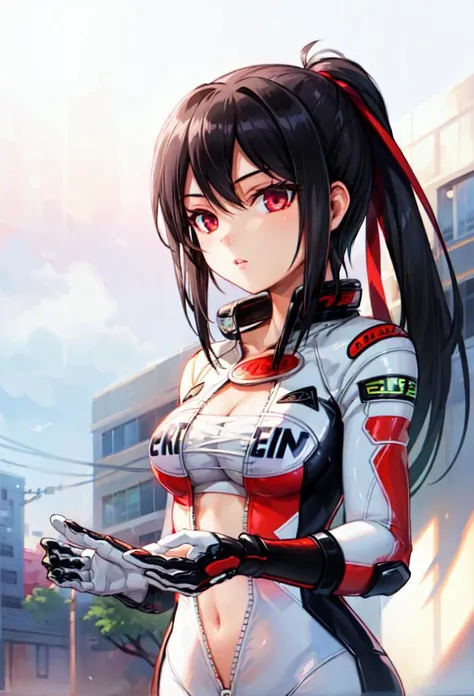 ((masterpiece, best quality)), 1girl, otomo sakura, black hair, red eyes, ponytail, white bikesuit <lyco:otomoSakuraBeatmania:0.8>
