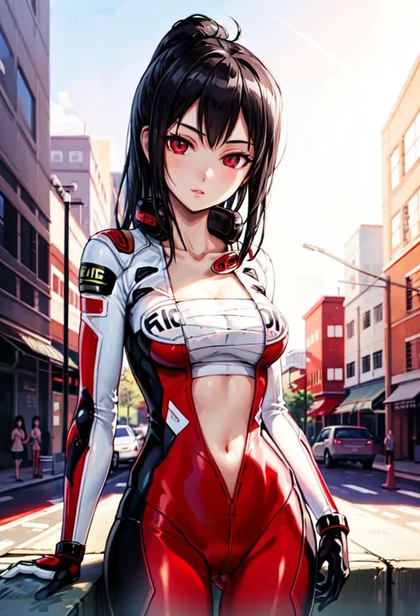 ((masterpiece, best quality)), 1girl, otomo sakura, black hair, red eyes, red bikesuit <lyco:otomoSakuraBeatmania:0.8>