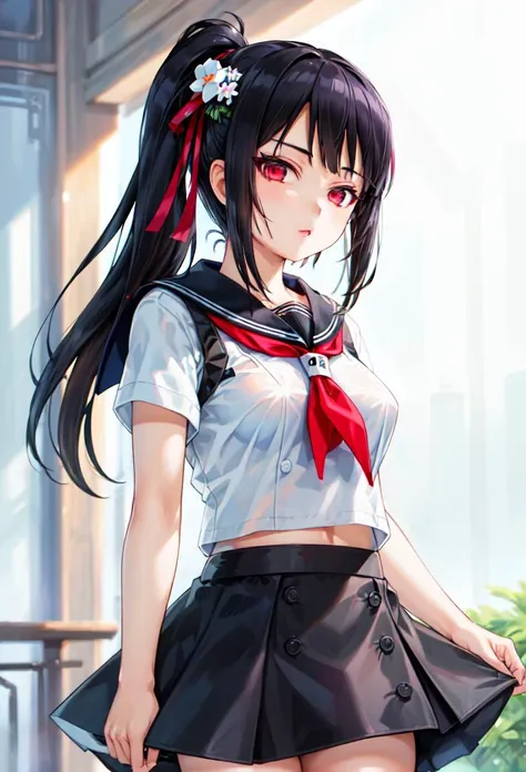 ((masterpiece, best quality)), 1girl, otomo sakura, black hair, red eyes, ponytail, sinobuz, hair ornament, serafuku, black skirt, white shirt <lyco:otomoSakuraBeatmania:0.8>