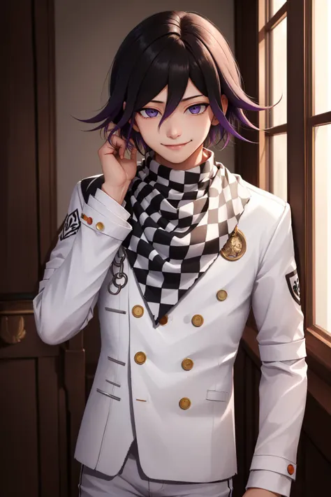 (masterpiece, best quality:1.2), <lyco:danganronpa_oma-10:1.0>, cowboy shot, solo, male focus, 1boy, oma kokichi, evil smile, teeth, hand on own face, jacket, buttons, white pants, checkered scarf