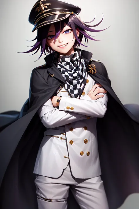 (masterpiece, best quality:1.2), <lyco:danganronpa_oma-10:0.9>, cowboy shot, solo, male focus, 1boy, oma kokichi, grin, looking at viewer, crossed arms, peaked cap, jacket, buttons, black cape, white pants, checkered scarf