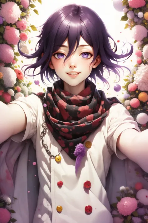 (masterpiece, best quality:1.2), <lyco:danganronpa_oma-10:0.8>, <lora:incomingHugKiss_v12:1.0>, purple theme, upper body, solo, male focus, 1boy, oma kokichi, smile, looking at viewer, incoming hug, purple hair, purple eyes, jacket, buttons, checkered scarf