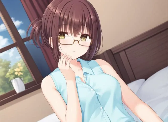 master piece,best quality,highres,original,dutch angle,misaki kyoko,1girl,solo,(white dress, :1.3),short hair, master piece,best quality,highres,original,dutch angle,{beautiful detailed eyes},finely detail,Depth of field, 4k wallpaper,bluesky,cumulus,wind,in room, bed,windows,lying,glasses, forest, black pantyhose,
