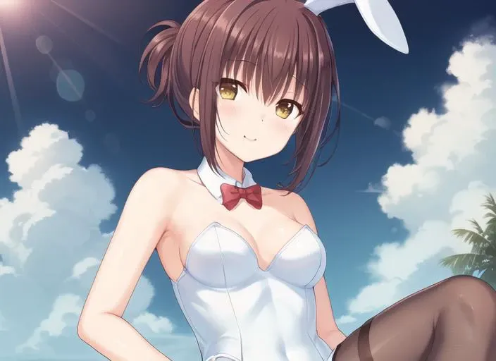 master piece,best quality,highres,original,dutch angle,misaki kyoko,1girl,solo,(white playboy bunny leotard:1.4),((sitting)),short hair,sitting,sunlight,in summer,(midday:1.5),(sunny:1.5),(Blue sky:1.2),in summer,(cloud),blush,Light smile,from below,extremely detailed CG unity 8k wallpaper,lens 135mm,masterpiece, best quality,naughty face,((hidden hands)),arms behind back, ((ocean)),beach,solo,looking at viewer,bodystocking,  <lora:kyokoNAItest-000014:0.45>