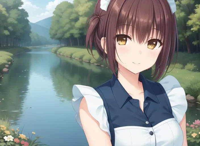 master piece,best quality,highres,original,dutch angle,misaki kyoko,1girl,sunlight,short hair,nevus,(((maid))),eyes highlights,{beautiful detailed eyes},finely detail,Depth of field, 4k wallpaper,beautiful detailed sky, beautiful detailed water,(rainy),river,forest, hidden hands,wet,happy,flower