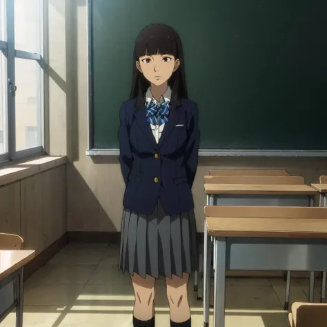 <lora:Sato001:0.7>,
Sato,1girl,
school uniform,
blazer,collared shirt,bowtie,
pleated skirt,
black socks,
shoes,
classroom,standing,