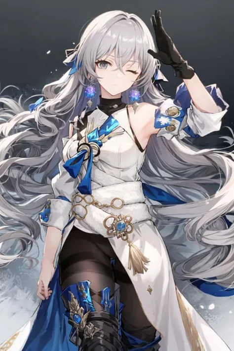 (Realistic painting style:1.1), masterpiece, best quality, absurdres, looking at viewer, solo, bronyarand, grey hair, grey eyes, hair between eyes, long hair, large breasts, one eye closed, (expressionless:1.4), salute, black pantyhose