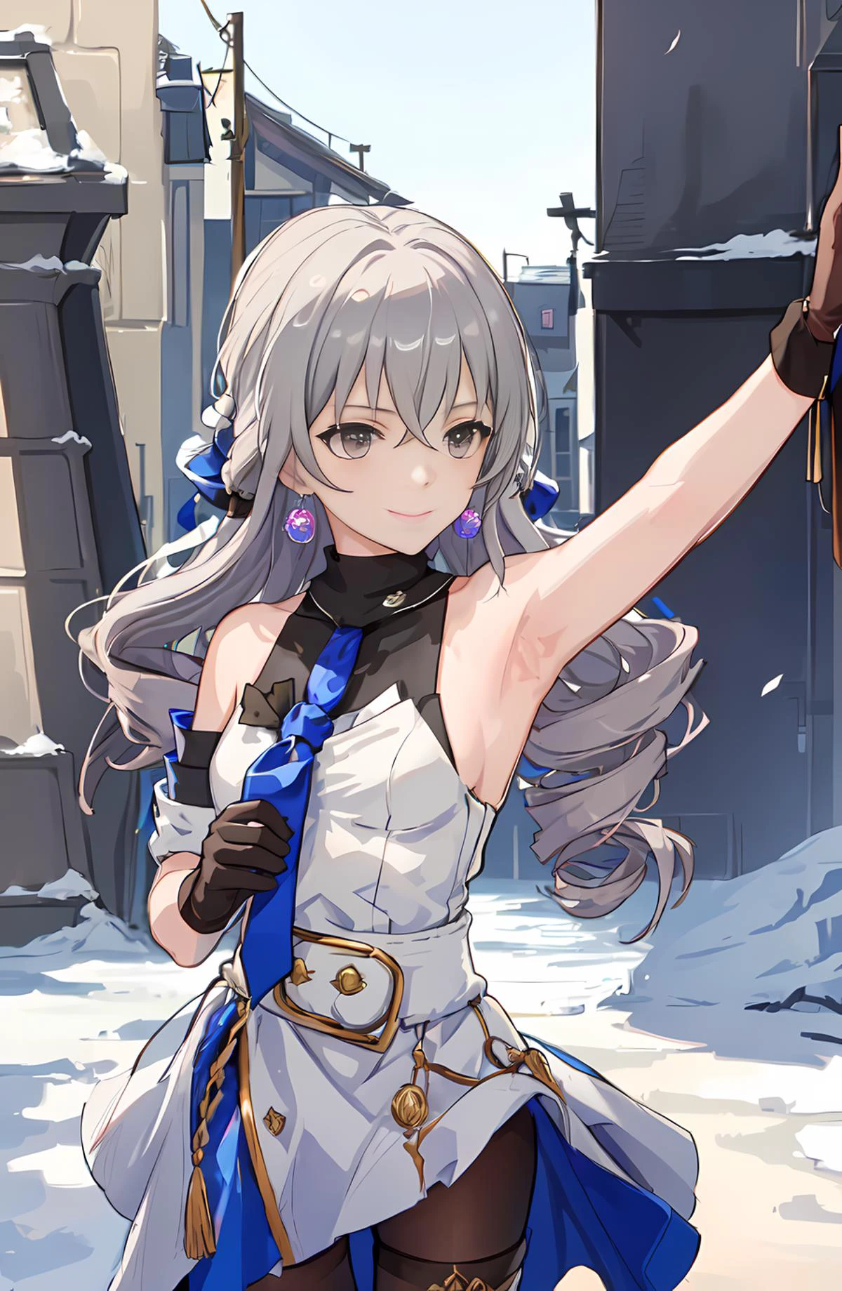 (bronyarand) <lora:Honkai Star Rail-bronya rand:0.9>, 1girl, solo, masterpiece,masterpiece, best quality, black necktie, brown gloves, armband, upper body, looking at viewer, outside, sunshine, showing armpit, cowboy shot, smile.