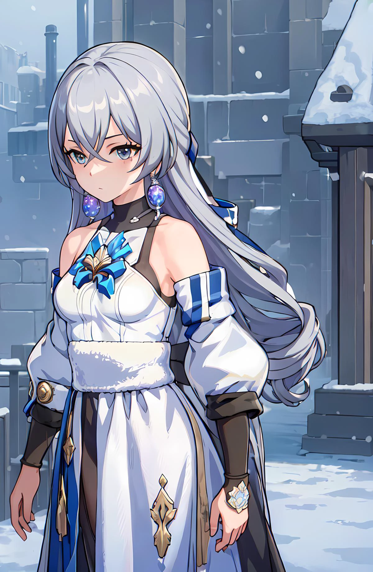((masterpiece)), bronyarand, 1girl, solo, very long hair, medium breasts, masterpiece, best quality, high quality, best quality, highres, ((beautiful detailed eyes)), (very detailed face), looking_at_viewer, outdoors, emotionless face, looking at viewer (((anime screencap))), (snow in background),<lora:Honkai Star Rail-bronya rand:1>, <lora:thickline_fp16:0.4>,
