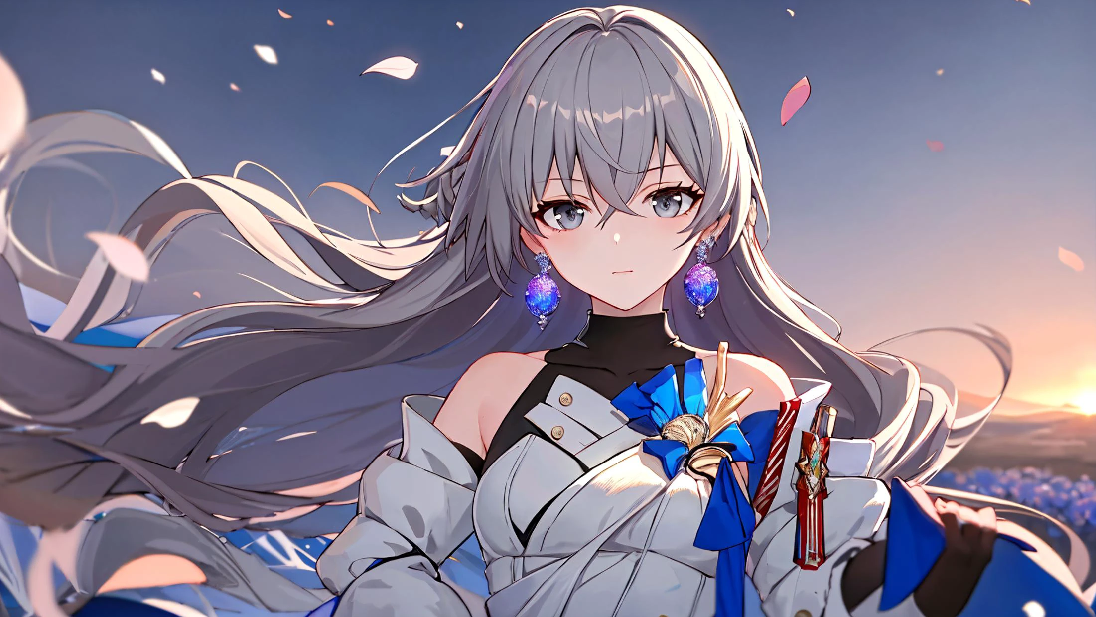 masterpiece, best quality,
bronyarand, solo,
hands on hip, swirls of magic, floating_flower_petals,
field of flowers, cinematic lighting, scenic light, sunset,
grey eyes, earring,
upper body,
<lora:Honkai Star Rail-bronya rand:1>