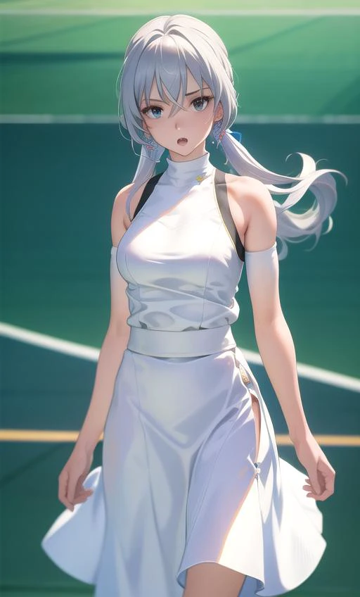 highres, (masterpiece, best quality), solo, cowboy shot, :o, tennis court, green shirt, (white skirt), sweatband, loose clothes, wind, global illumination, <lora:Honkai Star Rail-bronya rand:1>white hair,