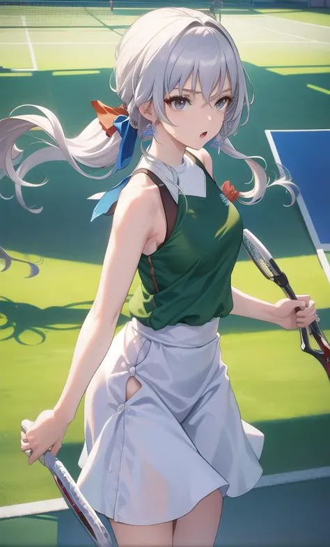 highres, (masterpiece, best quality), solo, cowboy shot, :o, tennis court, green shirt, (white skirt), sweatband, loose clothes, wind, global illumination, <lora:Honkai Star Rail-bronya rand:1>white hair,