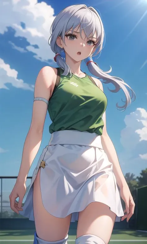 highres, (masterpiece, best quality), solo, cowboy shot, :o, tennis court, green shirt, (white skirt), sweatband, loose clothes, wind, global illumination, <lora:Honkai Star Rail-bronya rand:1>white hair,
