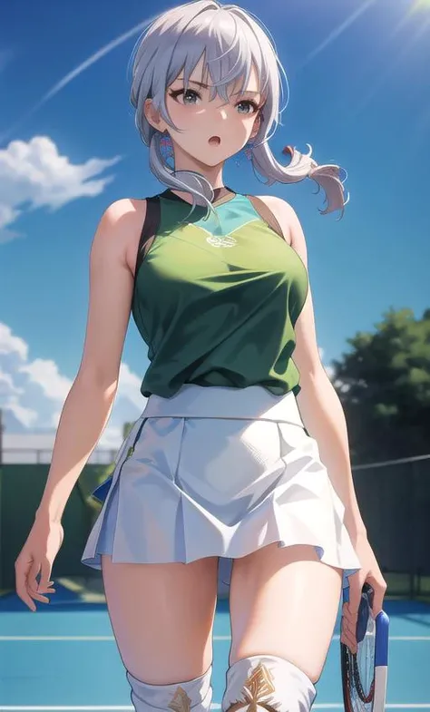 highres, (masterpiece, best quality), solo, cowboy shot, :o, tennis court, green shirt, (white skirt), sweatband, loose clothes, wind, global illumination, <lora:Honkai Star Rail-bronya rand:1>white hair,