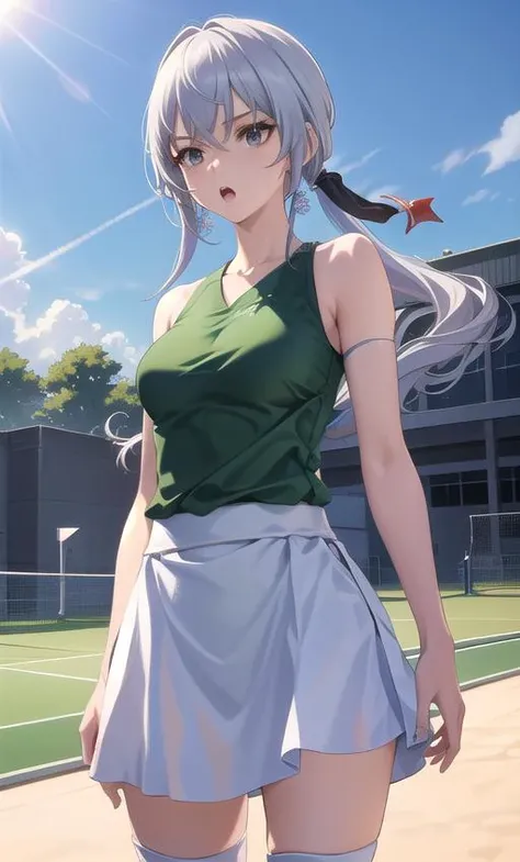highres, (masterpiece, best quality), solo, cowboy shot, :o, tennis court, green shirt, (white skirt), sweatband, loose clothes, wind, global illumination, <lora:Honkai Star Rail-bronya rand:1>white hair,