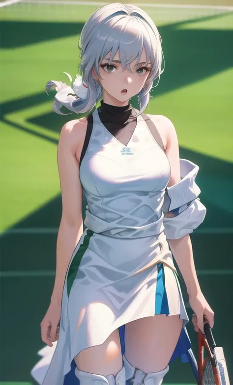 highres, (masterpiece, best quality), solo, cowboy shot, :o, tennis court, green shirt, (white skirt), sweatband, loose clothes, wind, global illumination, <lora:Honkai Star Rail-bronya rand:1>white hair,