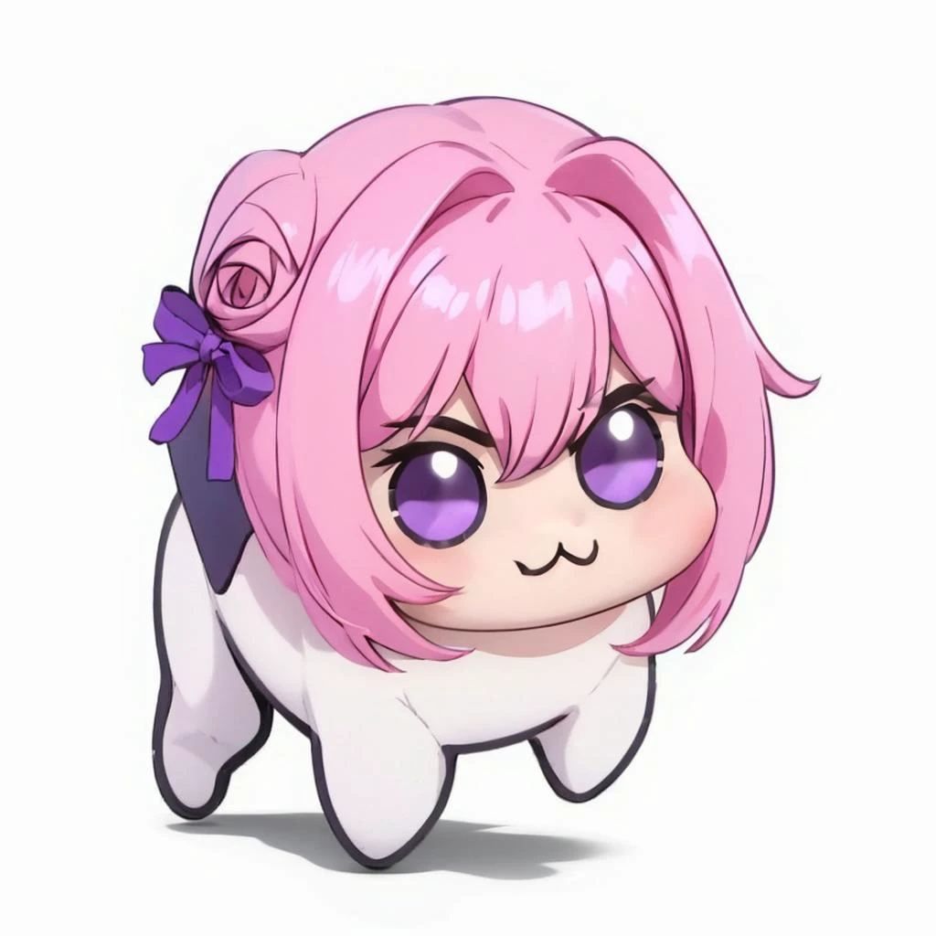 masterpiece, best quality, <lora:DoroX_V1:1>, doro, creature, chibi, ;3, no humans, pink hair, purple eyes, hair bun, hair bow, <lora:Smash-Ult-RendersV2_Fp:1> simple background, full body, white background