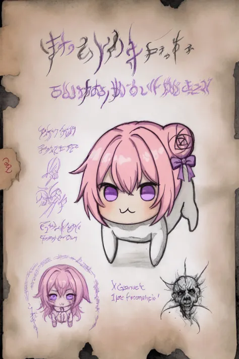 <lora:DoroX_V1:0.9> masterpiece, best quality, doro, creature, ;3, chibi, pink hair, purple eyes, hair bun, hair bow, no humans <lora:Necronomicon-10:0.75> Necronomicon Sketch, sketch, horror \(theme\), necronomicon, scribbled, handwritten text, freehand sketching, yellowed paper, close-up, portrait, <lora:CthulhuMythosArtbook-06:0.8>, stains, (monochrome)