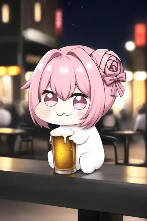 (masterpieces, best quality, illustration, extremely detailed CG wallpaper, ultra-detailed) , (beautiful detailed eyes), 1girl with pink hair and red eyes eating a long white popsicle, solo focus , white sundress, white sandals, detached sleeves, Parisian caf, daytime, sunlight, chibi <lora:komowata_haruka_counterfeitxlb_1-05:1>