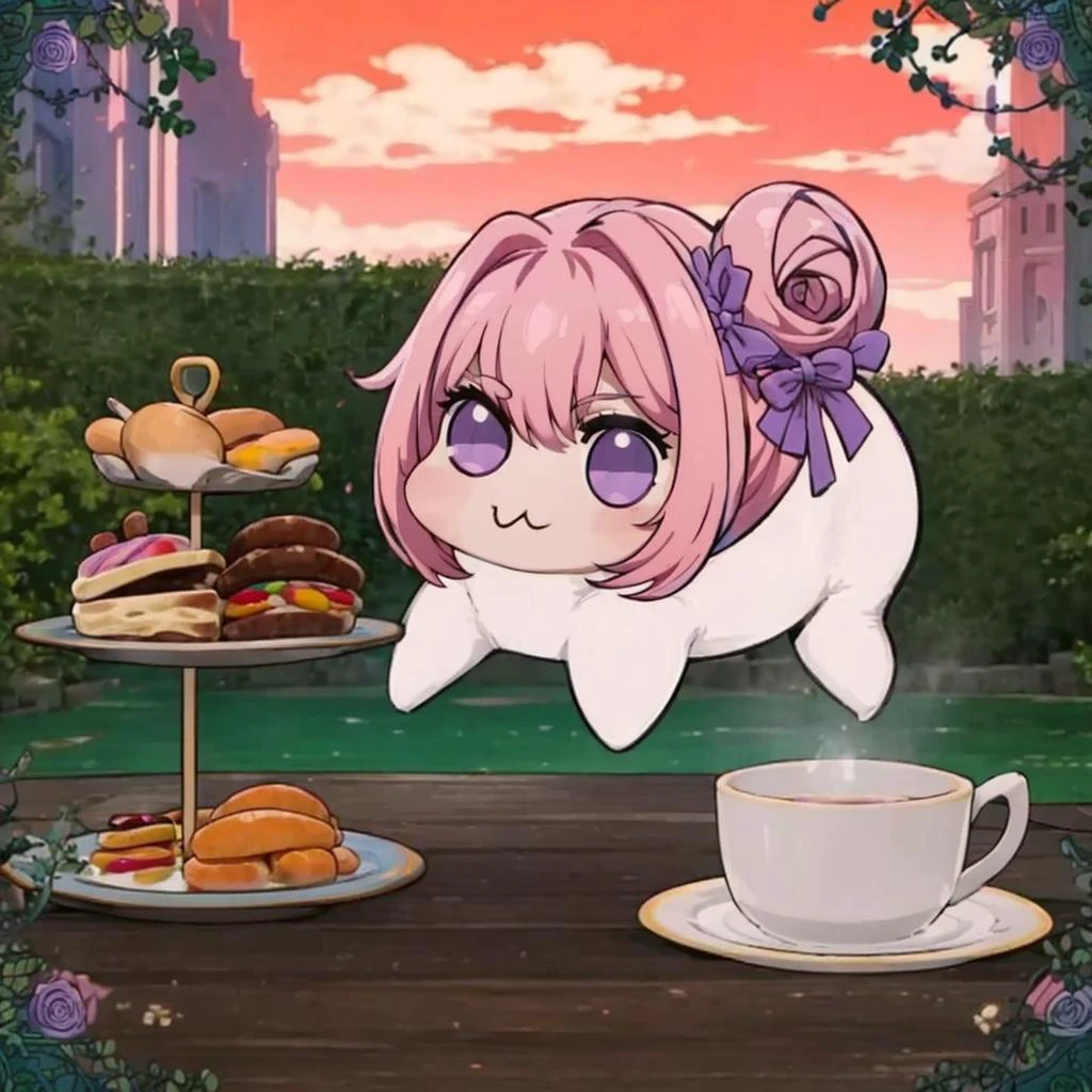 masterpiece, best quality, <lora:DoroX_V1:1>, doro, creature, chibi, ;3, no humans, pink hair, purple eyes, hair bun, hair bow, <lora:Teatime-concept_Fp:0.7>, cup, table, food, teapot, outdoors,