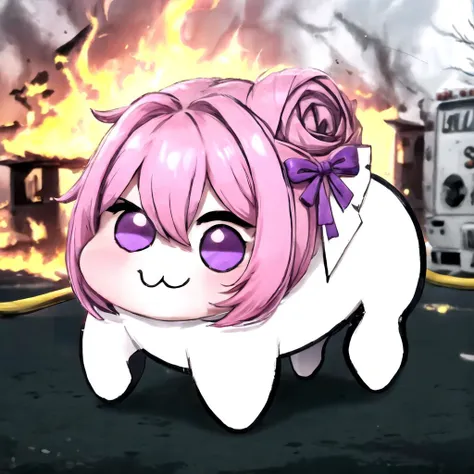 doro, creature, chibi, ;3, no humans, <lora:DoroV13:1>, outdoors, :3, pink hair, purple eyes, hair bun, hair bow, IncrsDisasterGirlMeme, fire, smile, <lora:Pos_DisasterGirlMeme:1>