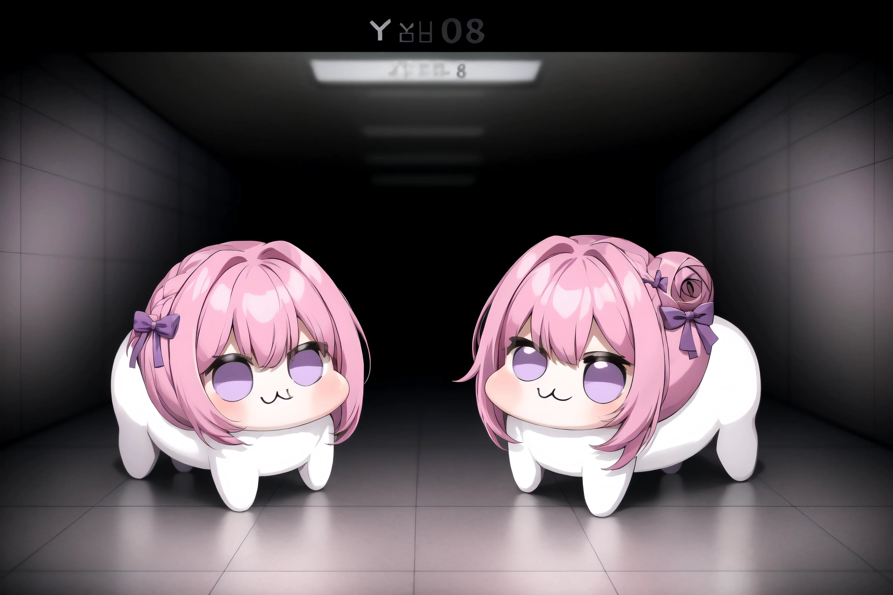 <lora:DoroX_V1:0.9> masterpiece, best quality, doro, creature, ;3, chibiP, ;3, pink hair, purple eyes, hair bun, hair bow, no humans <lora:background_theexit8-10:1> theexit8, indoors, tiles, dimly lit , dark, dramatic lighting, group, multiple girls, multiple views