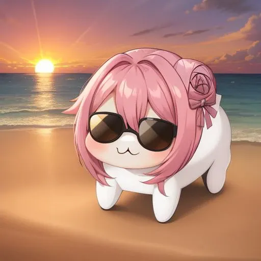 <lora:DoroV13:1> masterpiece, best quality, doro, creature, chibi, ;3, pink hair, hair bun, hair bow, cyberpunk clothes, sun glass, busy beach, scenery, sunset