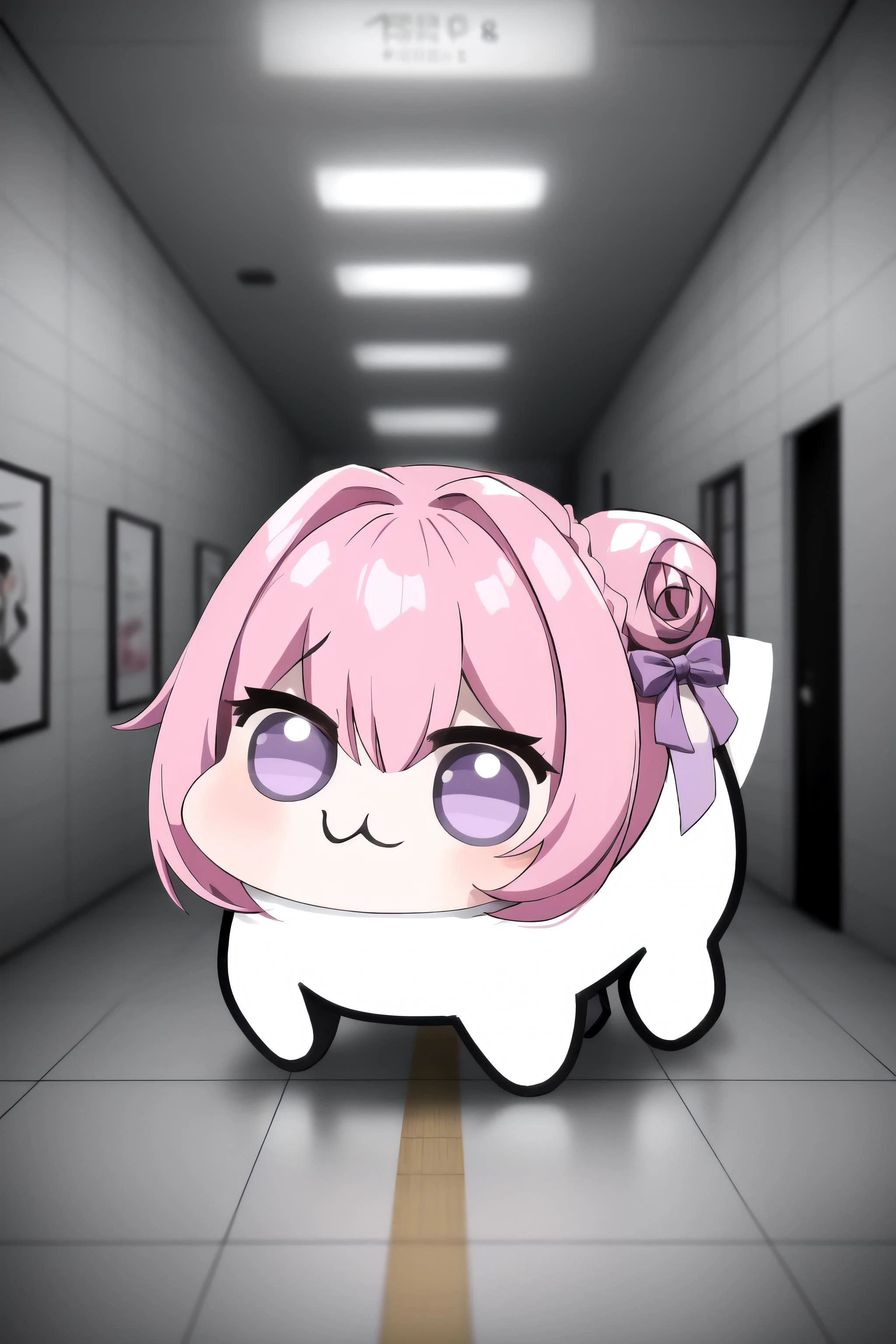 <lora:DoroX_V1:0.8> masterpiece, best quality, doro, creature, ;3, chibiP, ;3, pink hair, purple eyes, hair bun, hair bow, no humans <lora:background_theexit8-10:1> theexit8, indoors, tiles, dimly lit, dramatic lighting, far away, distance