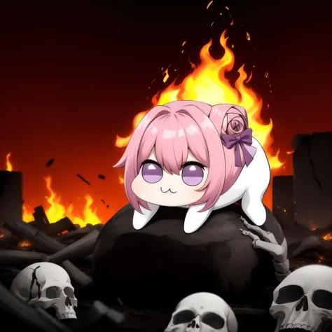 <lora:DoroX_V1:1> masterpiece, best quality, doro, creature, chibi, ;3, ink hair, purple eyes, hair bun, hair bow, BREAK scenery, ruins, death, destruction, nightmare, horror, gloom, bones, pile of bones, skull, fire, red sky