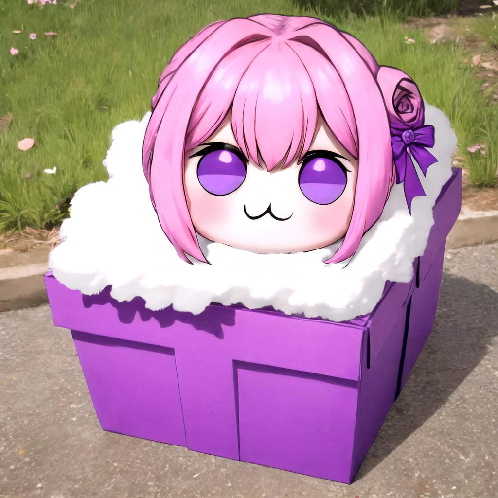 doro, creature, chibi, ;3, no humans, <lora:DoroV13:1>, outdoors, :3, pink hair, purple eyes, hair bun, hair bow, yomama_surprise_gift_v5, in a gift box, <lora:Pos_SurprisedGiftbox:0.75>