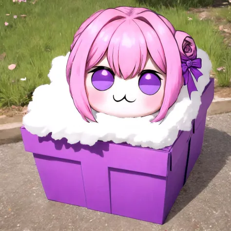 doro, creature, chibi, ;3, no humans, <lora:DoroV13:1>, outdoors, :3, pink hair, purple eyes, hair bun, hair bow, yomama_surprise_gift_v5, in a gift box, <lora:Pos_SurprisedGiftbox:0.75>