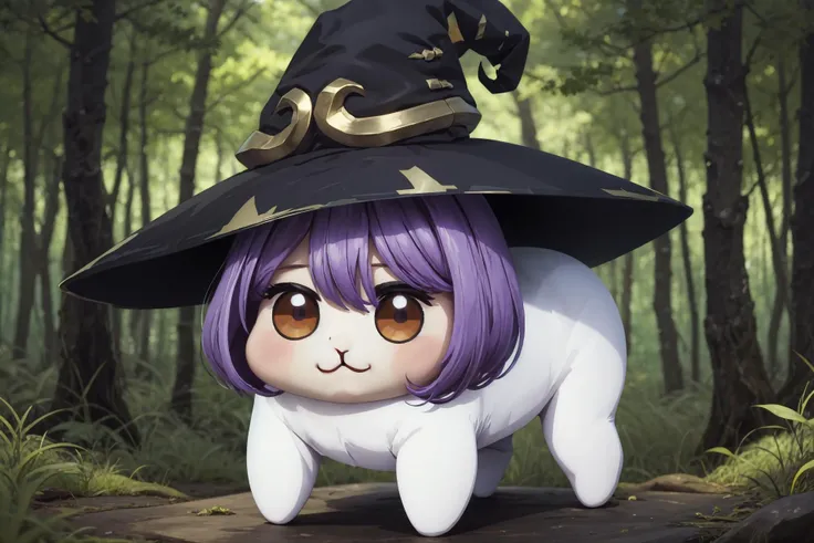 masterpiece, best quality, highres, 8k, solo, forest background, <lora:goblinslayer_witch-10:1> gswitch, witch hat, <lora:DoroX_V1:1> doro, creature, chibi, :3 (((no humans))),