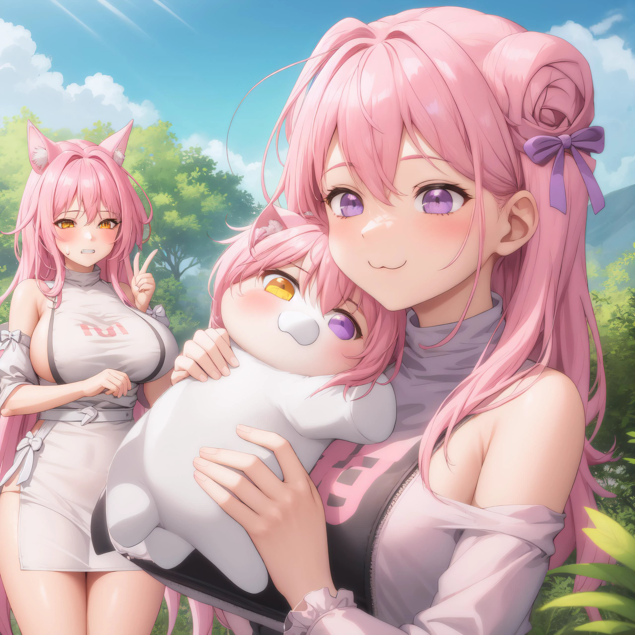 outdoors, holding creature, 2girls ADDCOMM <lora:leona-nikke-richy-v1:1>masterpiece, best quality, 1girl, leona, yellow eyes, fox ears, white dress, short dress, sleeveless, sideboob, detached sleeves, shorts, belt, confused, clenched teeth, sweatdrop, wince, holding creature ADDCOL <lora:DoroX_V1:1> doro, creature, chibi, ;3, no humans, pink hair, purple eyes, hair bun, hair bow