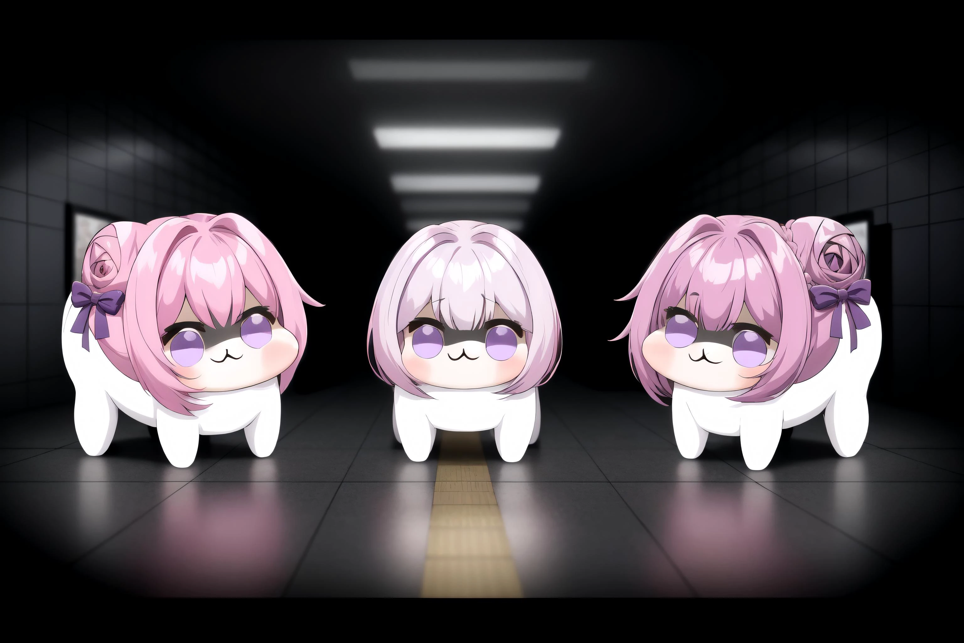 <lora:DoroX_V1:0.9> masterpiece, best quality, doro, creature, ;3, chibiP, ;3, pink hair, purple eyes, hair bun, hair bow, no humans <lora:background_theexit8-10:1> theexit8, indoors, tiles, dimly lit , dark, dramatic lighting, group, multiple girls, multiple views