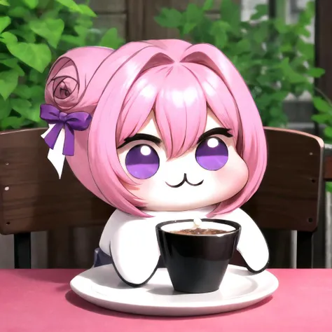 doro, creature, chibi, ;3, no humans, <lora:DoroV13:1>, outdoors, :3, pink hair, purple eyes, hair bun, hair bow, food, simple background, elbows on table, cup, blurry background, upper body, <lora:Pos_AcrossTable:1>