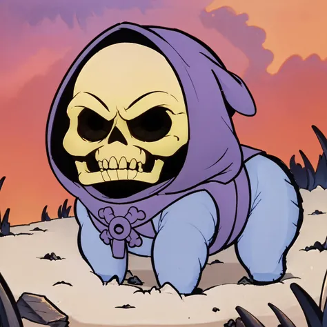 <lora:DoroX_V1:0.8> masterpiece, best quality, doro, creature, chibi, ;3 outdoors, no humans <lora:skeletor_lora_v25-000034:0.8> skeletor, bald
