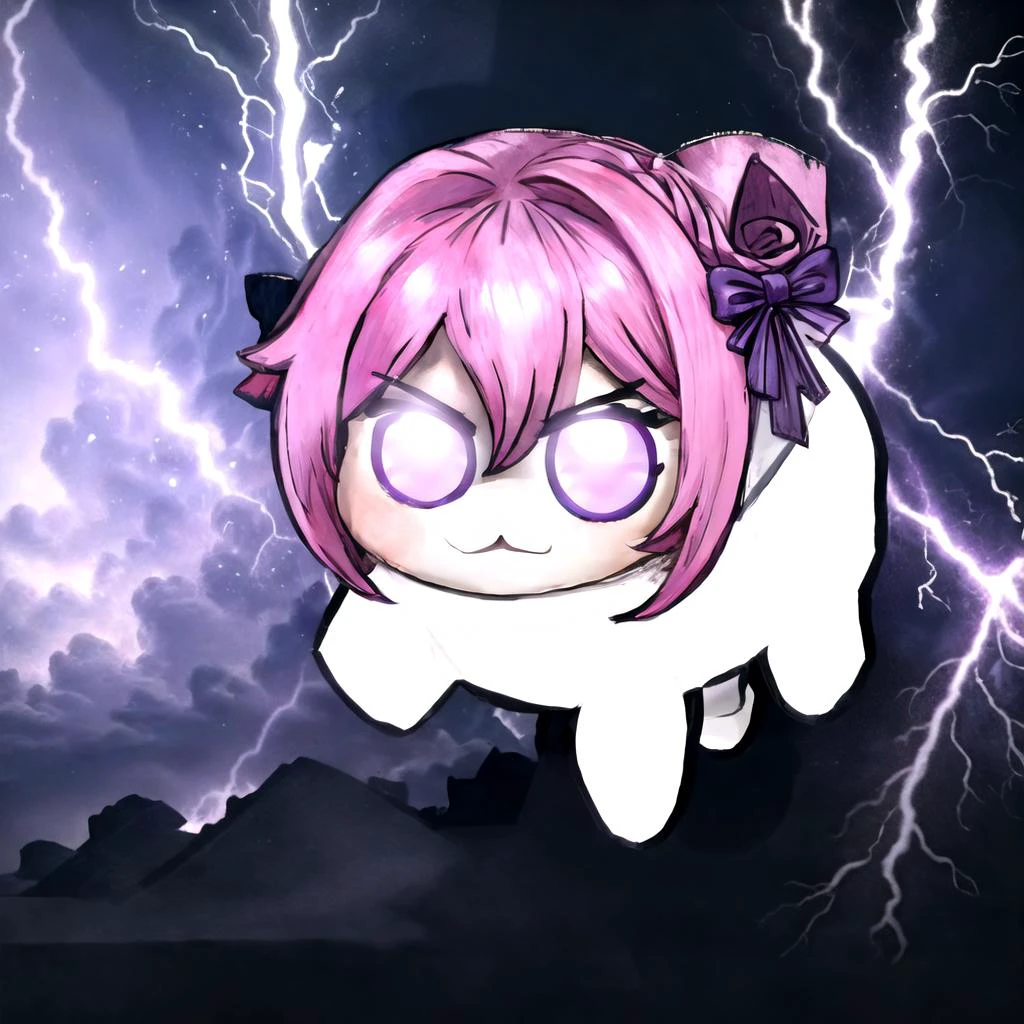 doro, creature, chibi, ;3, no humans, <lora:DoroV13:1>, outdoors, :3, pink hair, purple eyes, hair bun, hair bow, IncrsLowTier, electricity, glowing eyes, <lora:Pos_LowTierMeme:1.3>