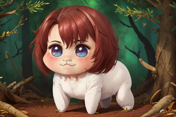 masterpiece, best quality, highres, 8k, solo, forest background, <lora:cow_girl_v1:1> gscg, breasts, looking at viewer, blush, cleavage, <lora:DoroX_V1:1> doro, creature, chibi, ;3, (((no humans))),