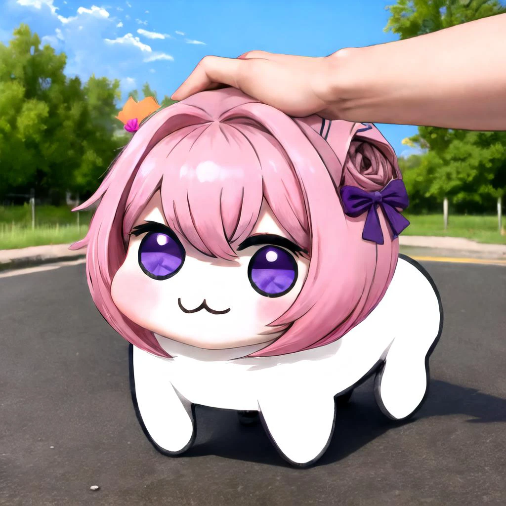 doro, creature, chibi, ;3, no humans, <lora:DoroV13:1>, outdoors, :3, pink hair, purple eyes, hair bun, hair bow, IncrsHeadpatPOV, headpat, pov, <lora:Pos_HeadpatPOV:1>