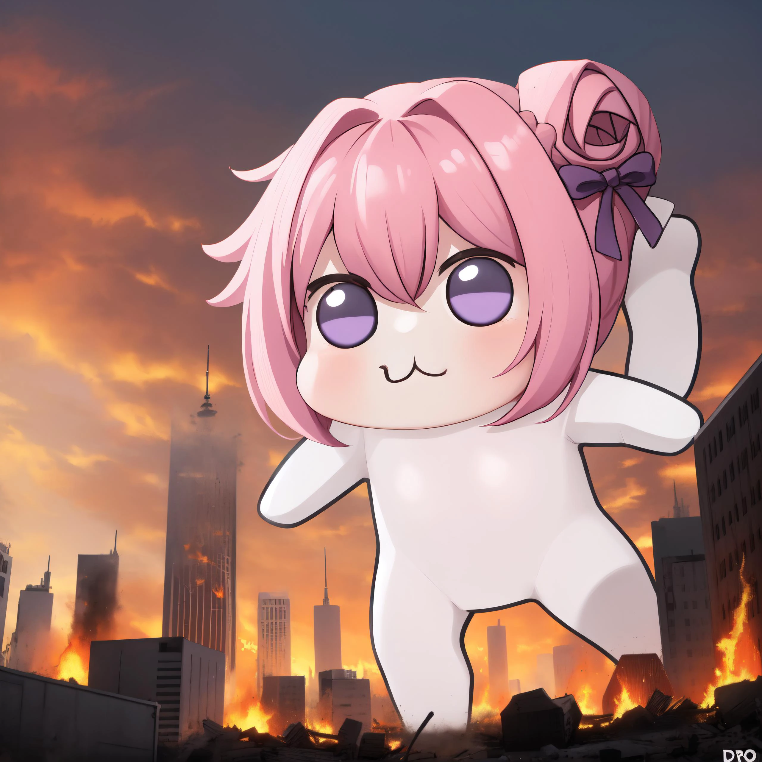 <lora:DoroX_V1:1> masterpiece, best quality, doro, creature, chibi, ;3, pink hair, purple eyes, hair bun, hair bow, scenery, outdoors, <lora:GTS:1>, rampage, with tiny, tiny people, running away, scared, fire, smoke, red sky, ground view, from below, standing