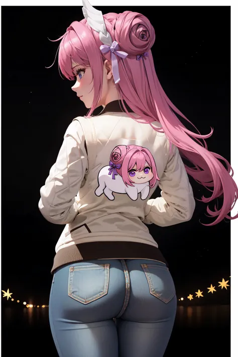 masterpiece, best quality, 1girl, solo, <lora:drivejacket-outfit-richy-v1:1> print jacket, white jacket, from behind, standing, jeans night, dark, darkness, night sky, <lora:dorothy-nikke-richy-v1:1> dorothy \(nikke\) BREAK <lora:DoroX_V1:0.8> doro, creature, chibi, ;3, no humans, pink hair, purple eyes, hair bun, hair bow