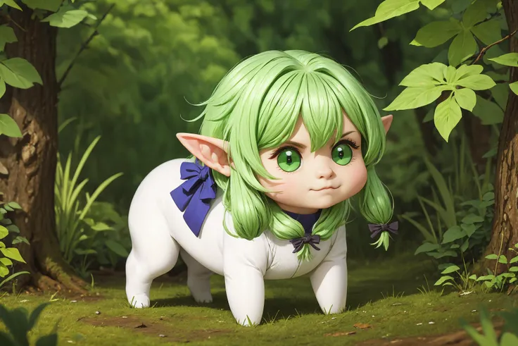masterpiece, best quality, highres, 8k, solo, forest background, <lora:high_elf_archer-10:0.8> high_elf_archer, elf, pointy ears, long hair, sidelocks, hair bow, <lora:DoroX_V1:1> doro, creature, chibi, ;3, (((no humans))),